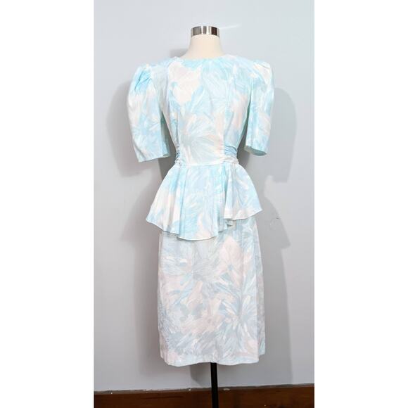 Blue/White 80s Peplum Dress - Picture 2 of 7